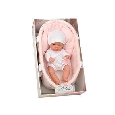 בובת תינוקת בעריסה ורוד לבן | Arias Doll